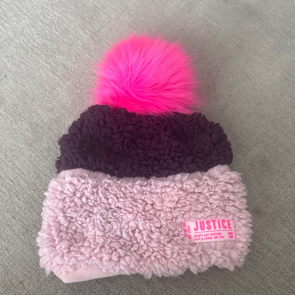 Justice Pink and Purple Fuzzy Kids Beanie